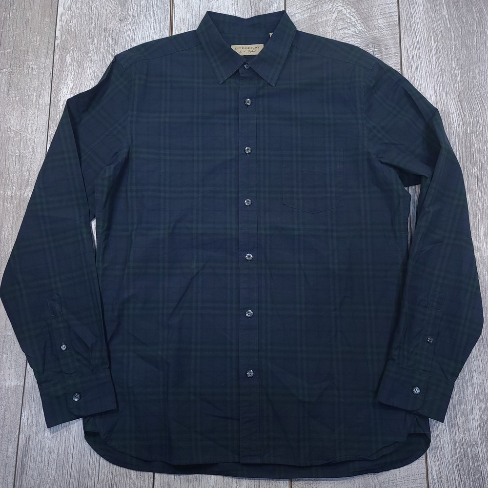 Burberry Button Up Shirt Mens Large Navy Green Check Long Sleeve Cotton